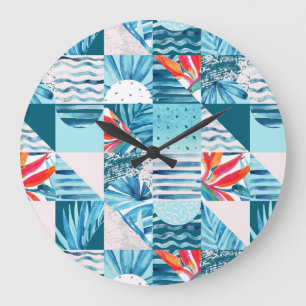 Tropical Teal Geometric Abstract Pattern Große Wanduhr