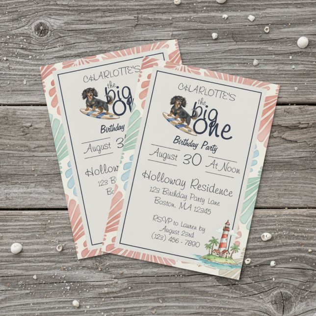 Tropical the Big One Surf Dackel Geburtstag Einladung (Celebrate your little one’s special day with this Tropical The Big One Surf Dachshund Birthday!)