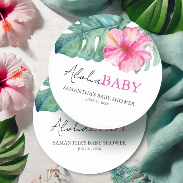 Tropical Theme Girl Baby Dusche Runder Pappuntersetzer (Baby shower favors tropical hibiscus flowers and palm leaves art by Victoria Grigaliunas)