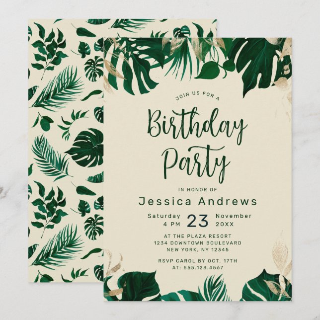 Tropical Themed Green Foliage Geburtstagsparty Einladung (Vorne/Hinten)