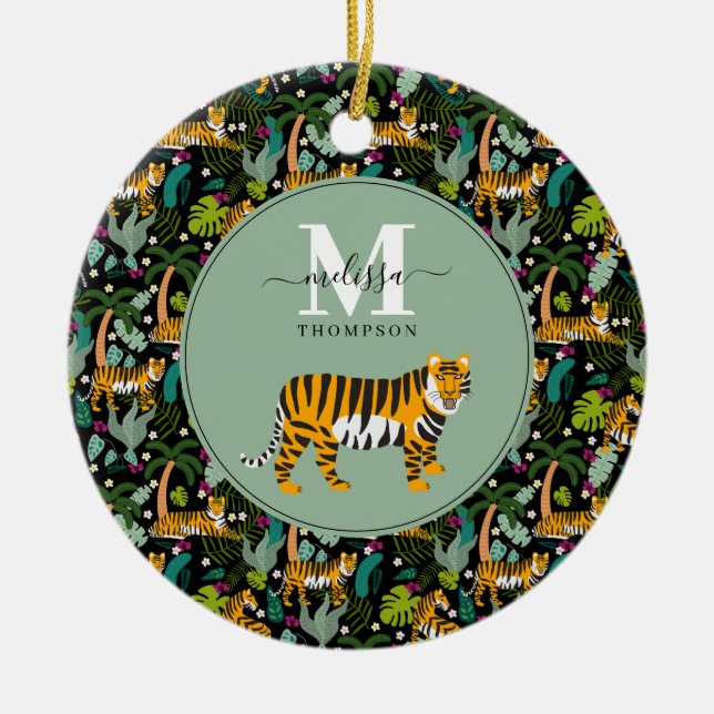 Tropical Tiger Black Botanle Safari Name Keramik Ornament (Vorne)