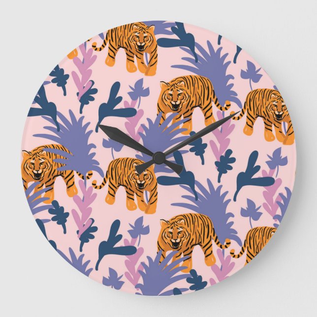 Tropical Tigers Jungle Vintag Pattern Große Wanduhr (Vorderseite)