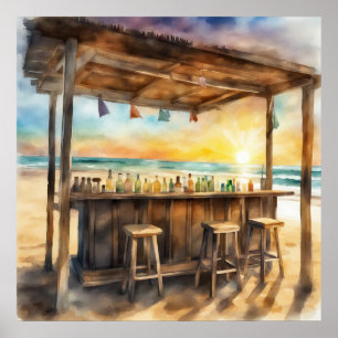 Tropical Tiki Bar at Sunset - Aquarell Vibe Poster