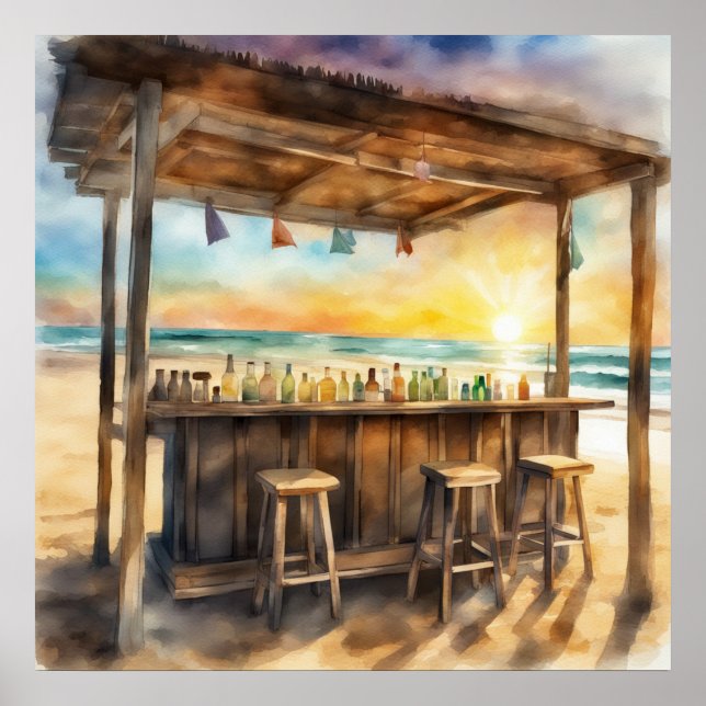 Tropical Tiki Bar at Sunset - Aquarell Vibe Poster (Vorne)