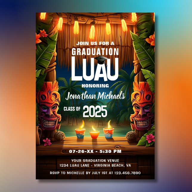 Tropical Tiki Hawaiian Island Luau Abschluss Einladung (Front - Tropical Tiki Hawaiian Island Luau Graduation Invitation)