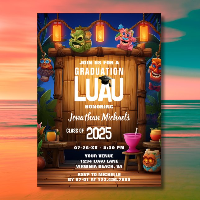 Tropical Tiki Hawaiian Island Luau Abschluss Einladung (Front - Tropical Tiki Hawaiian Luau Photo Graduation Invitation)
