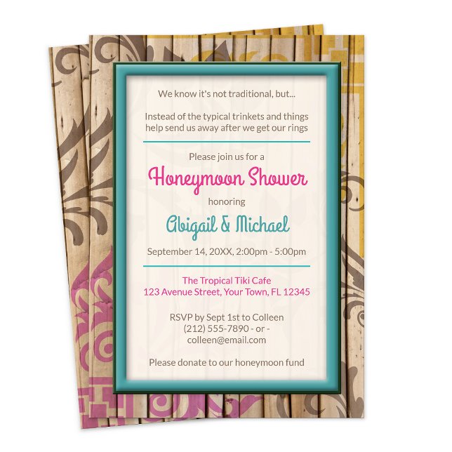 Tropical Tiki Wood Honeymoon Dusche Einladungen (Tropical Tiki Wood Honeymoon Shower Invitations from Starzraven on Zazzle. )