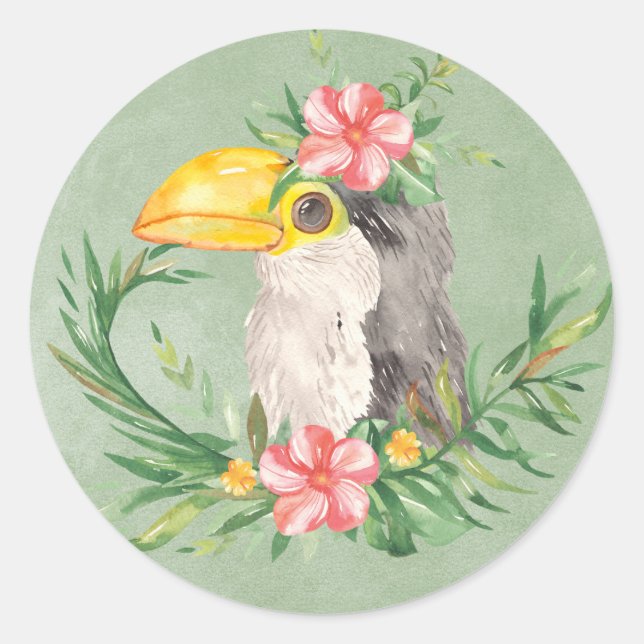 Tropical Toucan Bird Floral Baby Dusche Runder Aufkleber (Vorderseite)