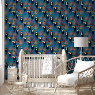 Tropical Toucan & Palm Leaf Muster auf blau Tapete