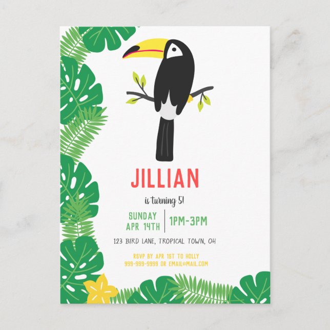 Tropical ToucanTutti Frutti Fruit Geburtstagsparty Einladungspostkarte (Vorderseite)