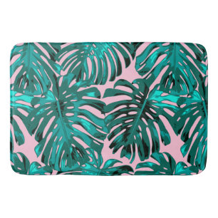 Tropical Turquoise Pink Monstera Jungle Leaves Badematte