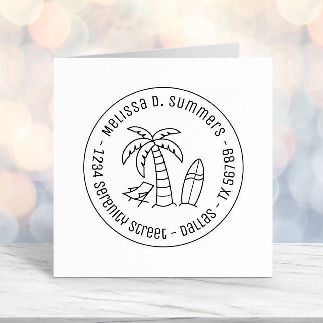 Tropical Vacation Palm Surfboard Runde Adresse Permastempel (Von Creator hochgeladen)