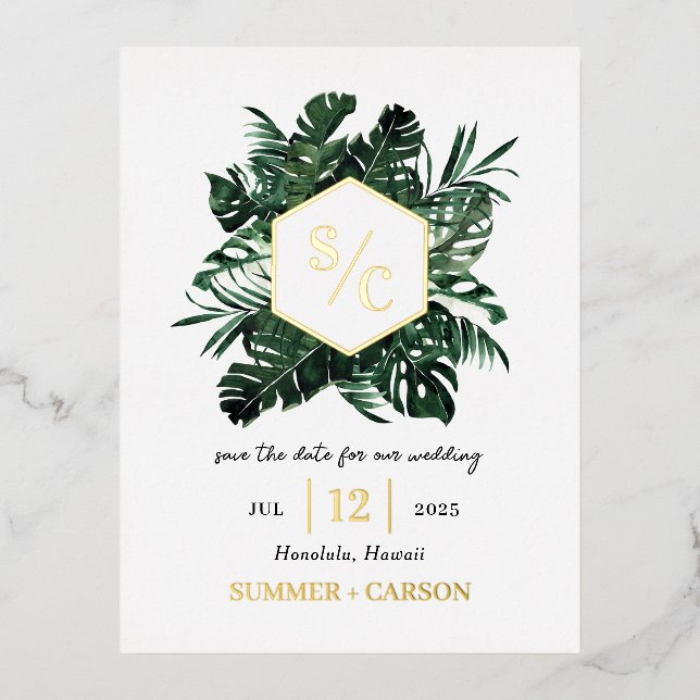 Tropical Vibe FOIL Wedding Save the Date Postcard Folie Einladungspostkarte (Vorderseite)