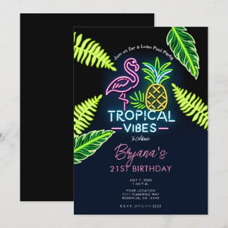 Tropical Vibes Neon Glow Blätter Geburtstagsparty Einladung