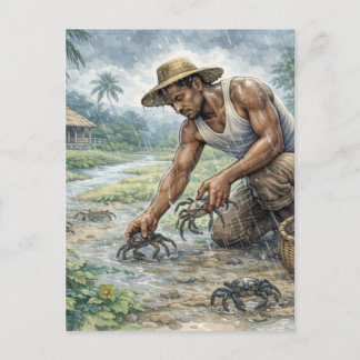 Tropical Village Life: Man Catching Crabs in Rain Postkarte