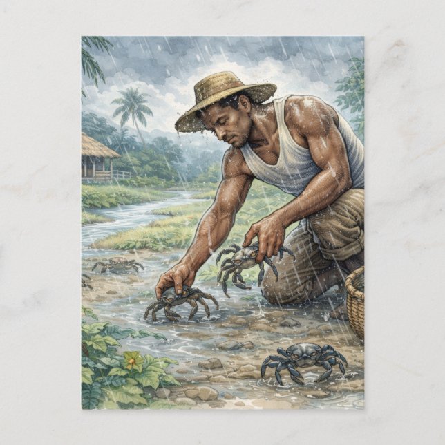 Tropical Village Life: Man Catching Crabs in Rain Postkarte (Vorderseite)