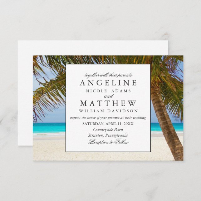 Tropical Vintag Beach Shore Palm Wedding Einladung (Vorne/Hinten)