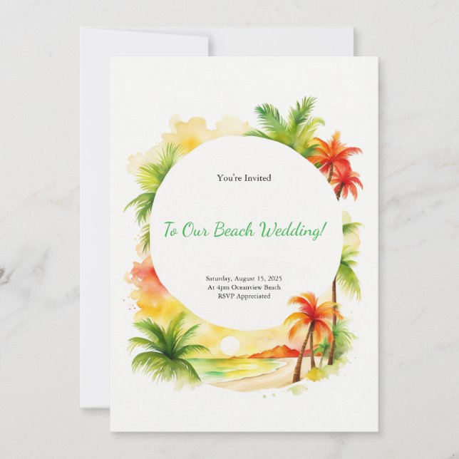 Tropical Watercolor Beach Hochzeit Einladung (Vorderseite)