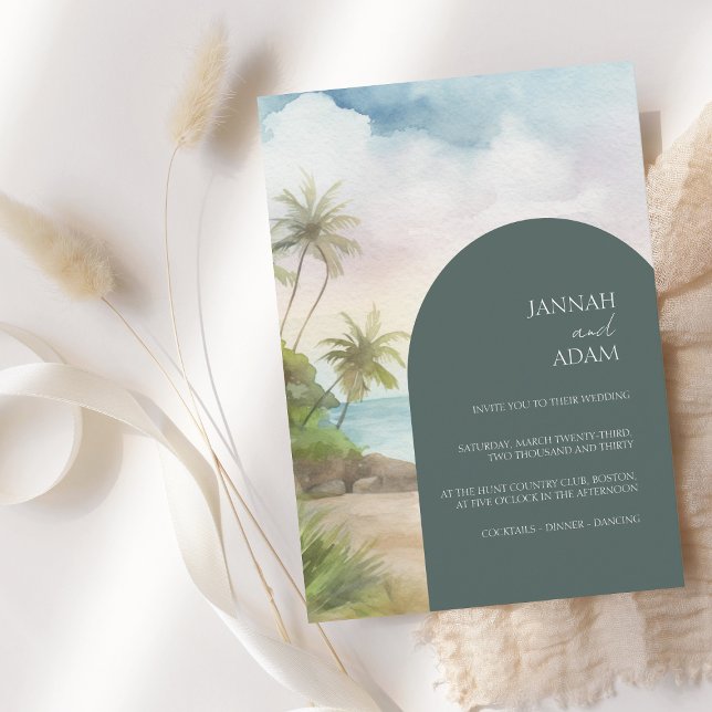 Tropical Watercolor Beach Palm Trees Wedding Einladung (Von Creator hochgeladen)