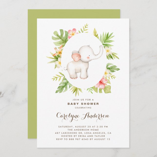 Tropical Watercolor Elephant Summer Baby Dusche Einladung (Vorne/Hinten)