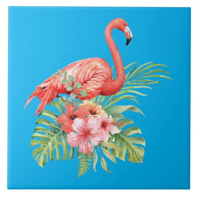 Tropical Watercolor Flamingo & Blume Fliese (Vorderseite)
