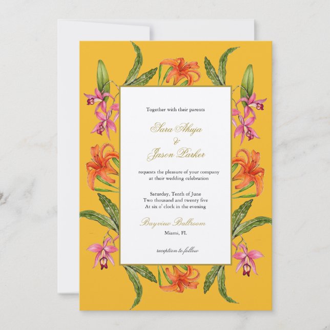 Tropical Watercolor Floral Mustard Wedding Einladung (Vorderseite)