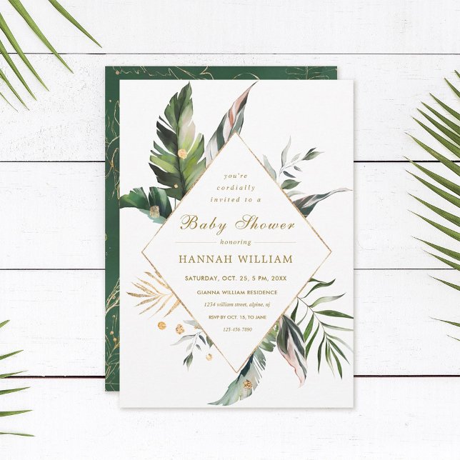 Tropical Watercolor Foliage Gold Babydusche Einladung (Von Creator hochgeladen)
