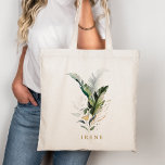 Tropical Watercolor Foliage Gold Script Tragetasche<br><div class="desc">Diese personalisierte Kaffee-Tasse mit tropischem,  wasserfarbenem Blattwerk mit goldenen Blätter Akzenten. >>>> Karo aus der gesamten Auflistung >>> https://www.zazzle.com/collections/tropical_foliage_gold_collection-119316977990783186</div>