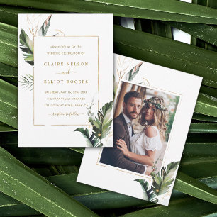 Tropical Watercolor Foliage Gold Wedding Foto Einladung