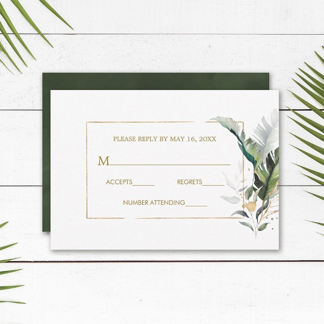 Tropical Watercolor Foliage Gold Wedding RSVP Card Karte (Von Creator hochgeladen)