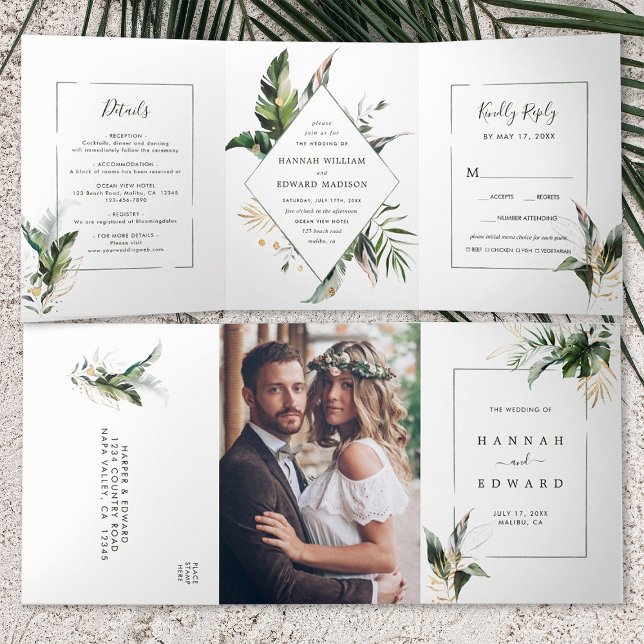 Tropical Watercolor Foliage Green Frame Wedding Dreifach Gefaltete Einladung (Inside & Outside)