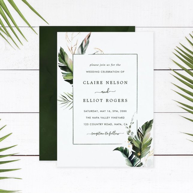 Tropical Watercolor Foliage Green Frame Wedding Einladung (Von Creator hochgeladen)