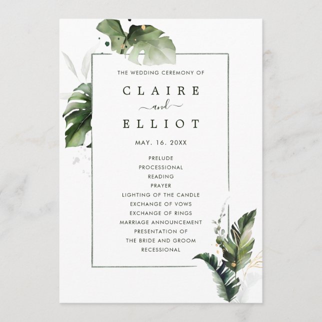 Tropical Watercolor Foliage Wedding Zeremonie Programm (Vorderseite)