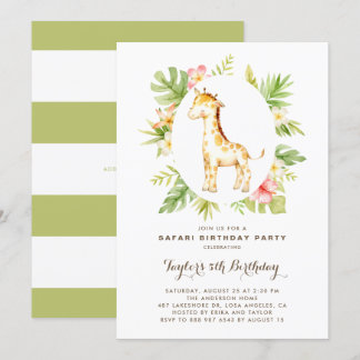Tropical Watercolor Giraffe Safari Kindergeburtsta Einladung