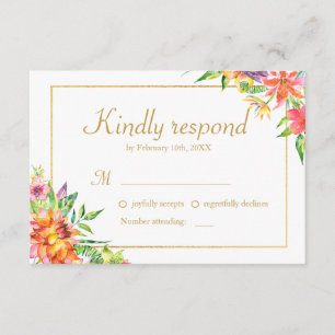Tropical Watercolor Gold Frame Wedding RSVP Karte