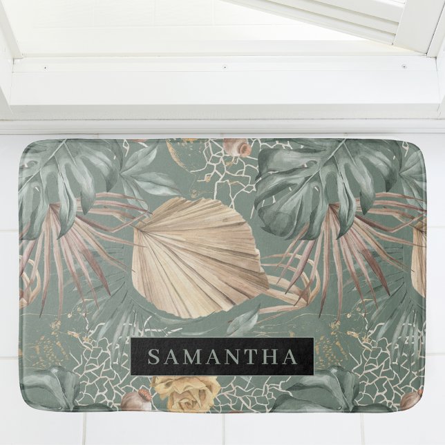Tropical Watercolor Gold & Green Blätter Muster Badematte (Von Creator hochgeladen)
