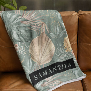 Tropical Watercolor Gold & Green Blätter Muster Fleecedecke