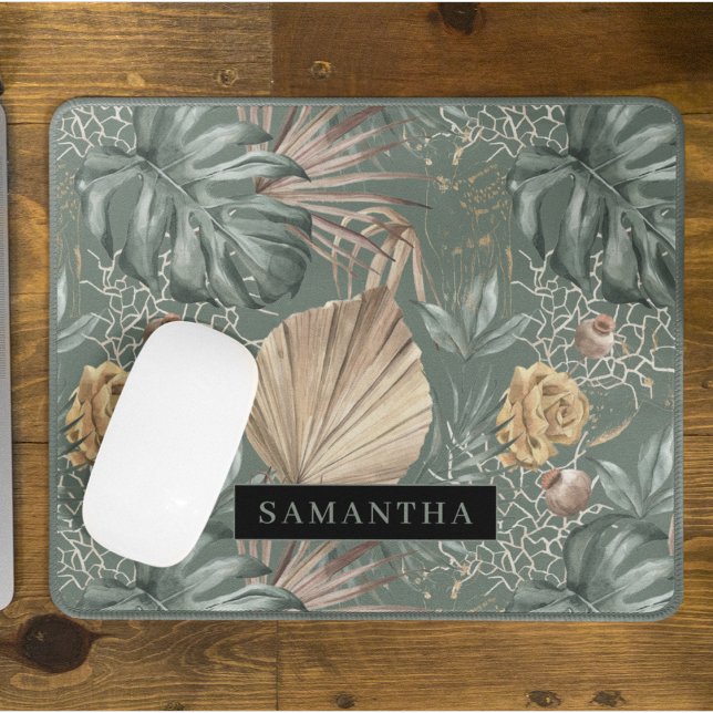 Tropical Watercolor Gold & Green Blätter Muster Mousepad (Von Creator hochgeladen)