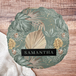 Tropical Watercolor Gold & Green Blätter Muster Rundes Kissen