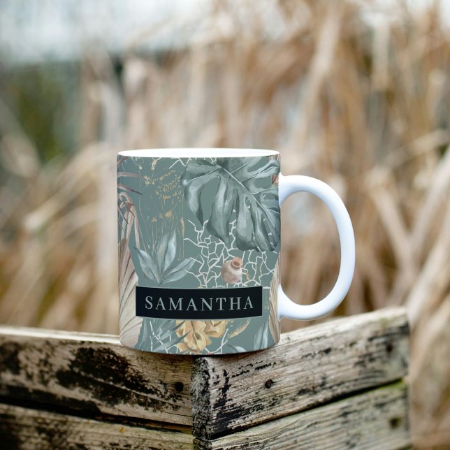 Tropical Watercolor Gold & Green Blätter Muster Zweifarbige Tasse (Von Creator hochgeladen)