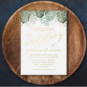 Tropical Watercolor Gold Green Wedding Folieneinladung