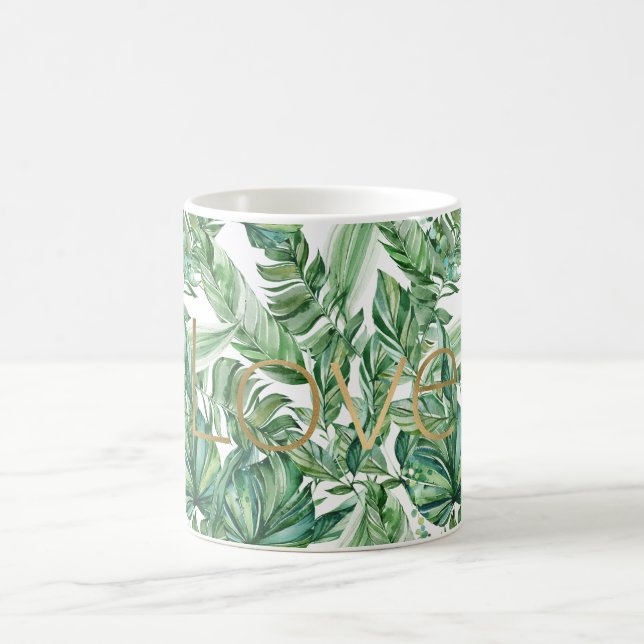 Tropical Watercolor Green Blätter Gold Liebe (dünn Kaffeetasse (Mittel)