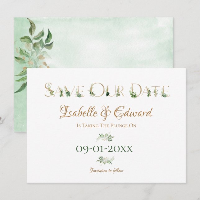 Tropical Watercolor Green & Gold Monstera Blätter Save The Date (Vorne/Hinten)