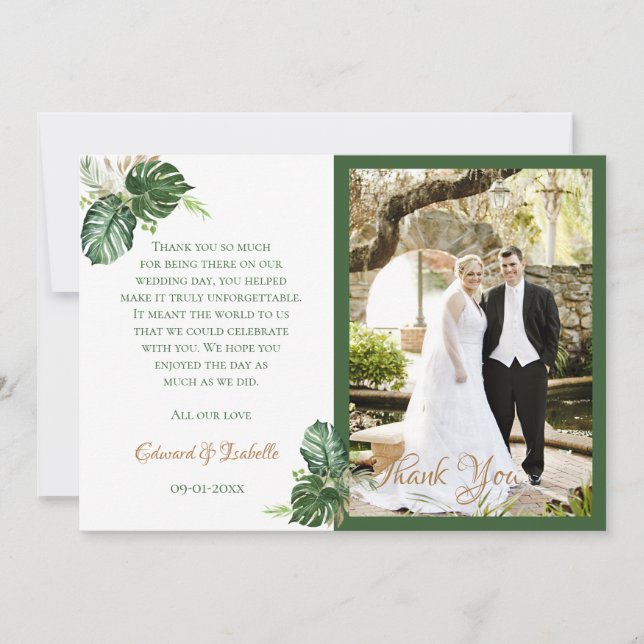 Tropical Watercolor Green Palm Blätter Hochzeit Dankeskarte (Vorderseite)