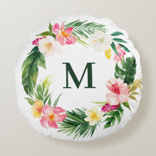 Tropical Watercolor Greenerity Wreath Monogram Rundes Kissen