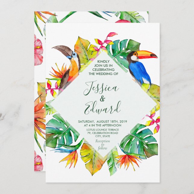 Tropical Watercolor Hawaii Exotic Birds Einladung (Vorne/Hinten)