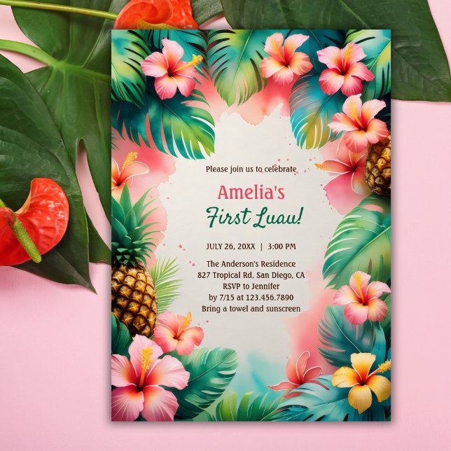 Tropical Watercolor Hawaiian First Luau Birthday Einladung (First Luau Birthday Invitation – Tropical Hawaiian Party for Baby Girl Invitation)