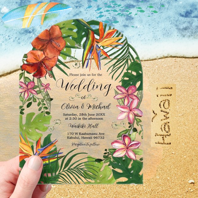 Tropical Watercolor Hawaiian Floral Wedding Acryleinladungen (Tropical Watercolor Hawaiian Floral Wedding Acrylic Invitations)