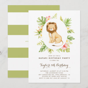 Tropical Watercolor Lion Safari Kindergeburtstag Einladung