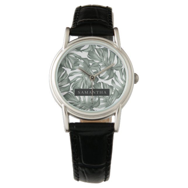 Tropical Watercolor Modern Oasis Leaves Armbanduhr (Vorderseite)